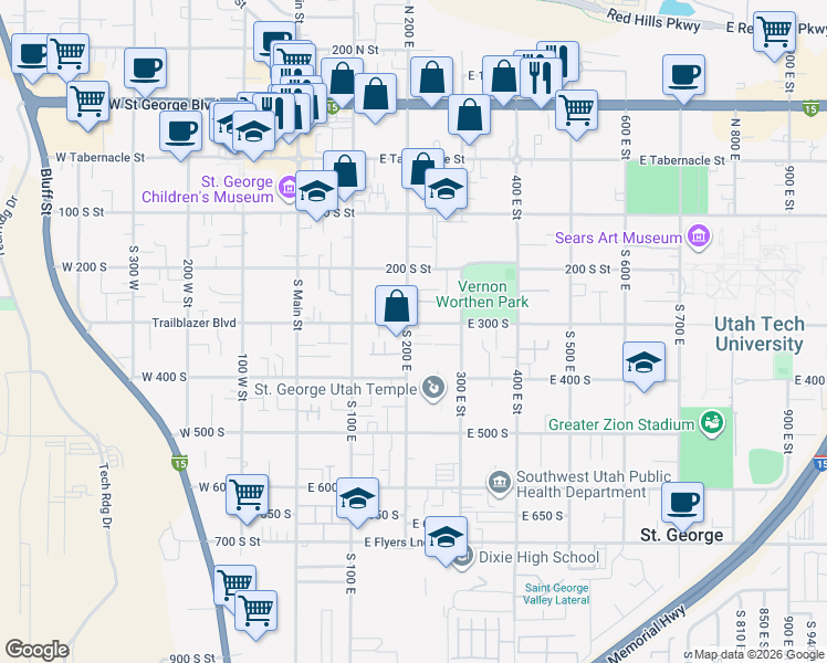 map of restaurants, bars, coffee shops, grocery stores, and more near 325 South 200 East in Saint George