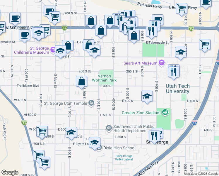 map of restaurants, bars, coffee shops, grocery stores, and more near 376 East 300 South in St. George
