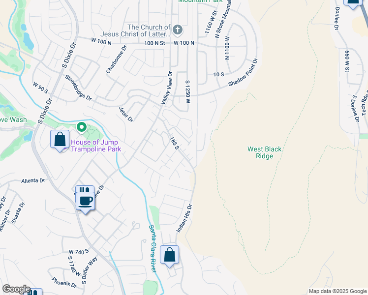 map of restaurants, bars, coffee shops, grocery stores, and more near 1210 West Indian Hills Drive in St. George