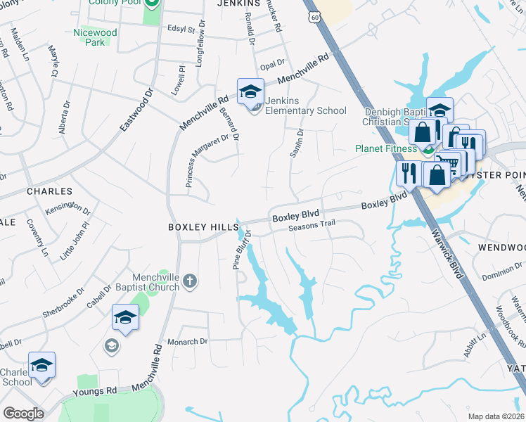 map of restaurants, bars, coffee shops, grocery stores, and more near 201 Windy Ridge Lane in Newport News