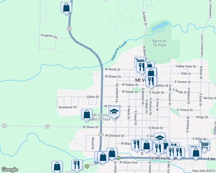 map of restaurants, bars, coffee shops, grocery stores, and more near 225 South Landrum Street in Mount Vernon