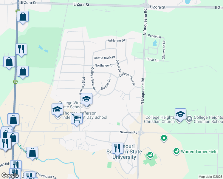 map of restaurants, bars, coffee shops, grocery stores, and more near 3835 College View Drive in Joplin