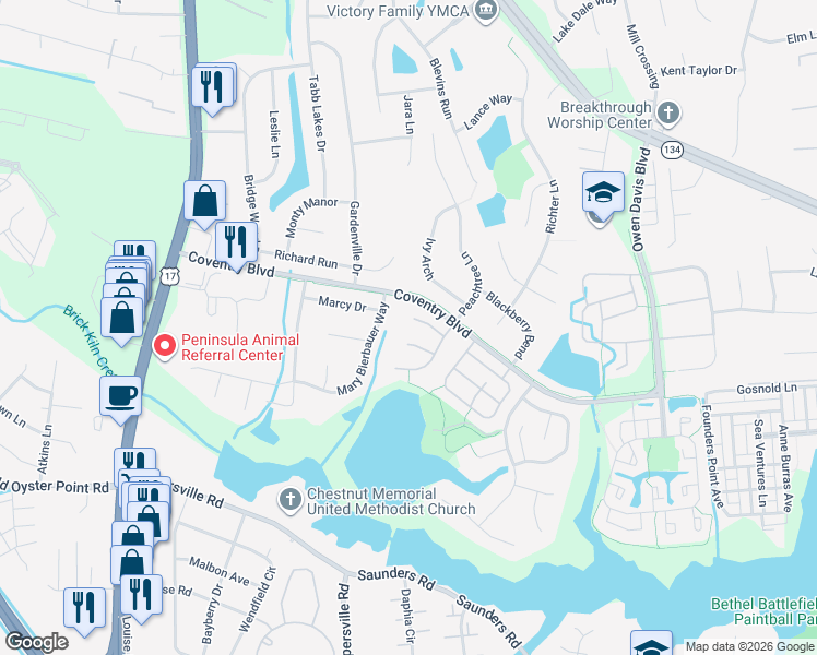 map of restaurants, bars, coffee shops, grocery stores, and more near 108 Crimson Court in Yorktown