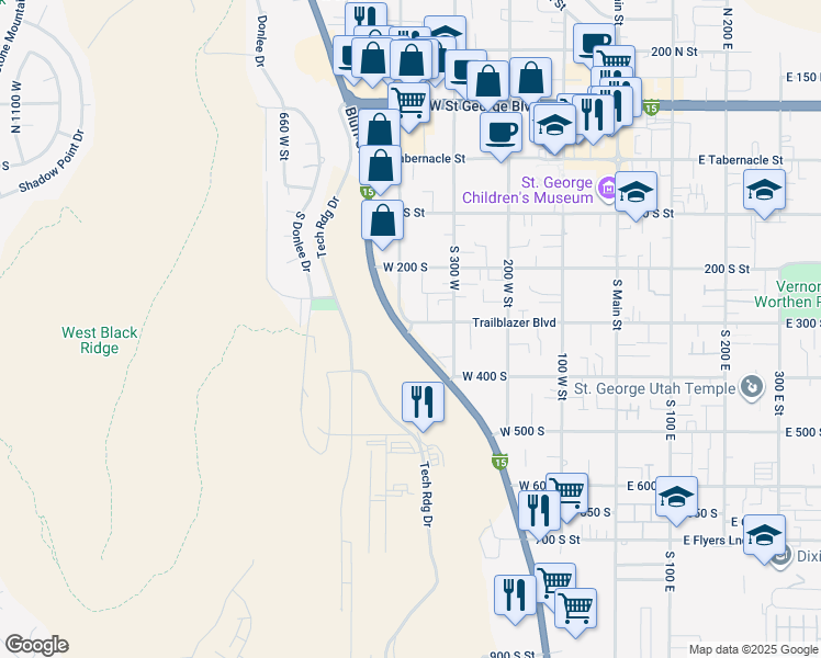 map of restaurants, bars, coffee shops, grocery stores, and more near West 300 South in St. George