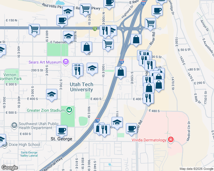 map of restaurants, bars, coffee shops, grocery stores, and more near 1122 East 300 South in St. George