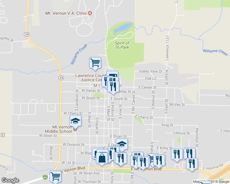 map of restaurants, bars, coffee shops, grocery stores, and more near 202 S Hickory St in Mt Vernon