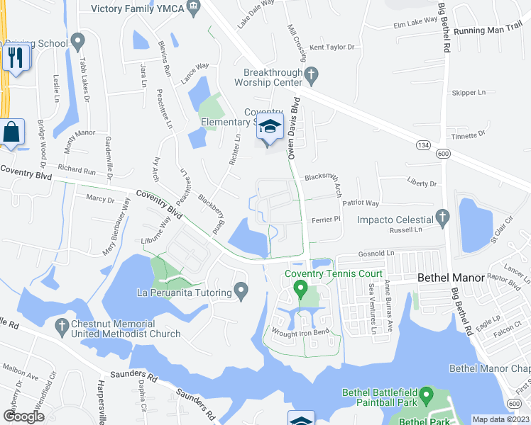 map of restaurants, bars, coffee shops, grocery stores, and more near 104 White Ridge Lane in Yorktown