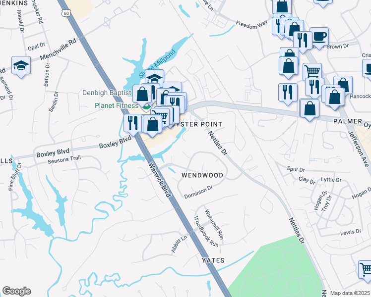 map of restaurants, bars, coffee shops, grocery stores, and more near 7 Hillard Circle in Newport News