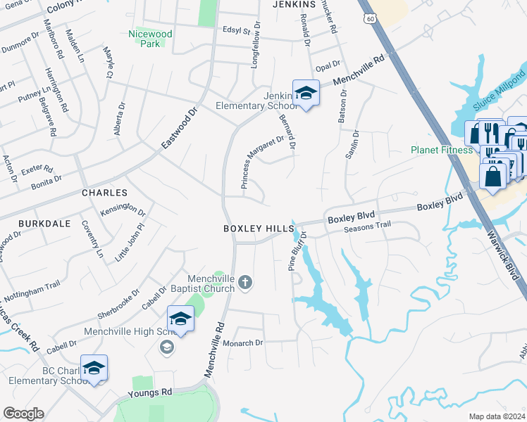 map of restaurants, bars, coffee shops, grocery stores, and more near 85 Nicewood Drive in Newport News