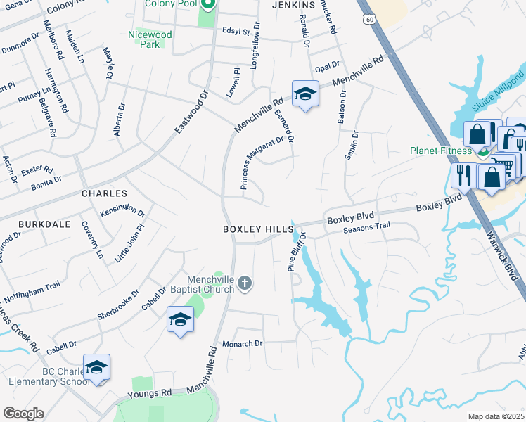 map of restaurants, bars, coffee shops, grocery stores, and more near 85 Nicewood Drive in Newport News