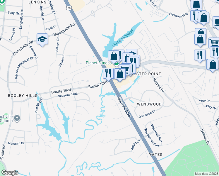 map of restaurants, bars, coffee shops, grocery stores, and more near 12997 Warwick Boulevard in Newport News