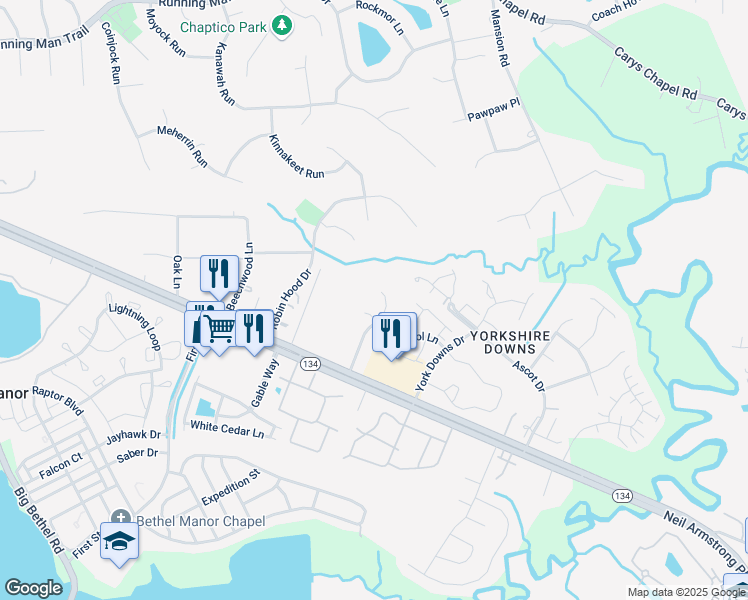 map of restaurants, bars, coffee shops, grocery stores, and more near 207 Sheffield Lane in Yorktown