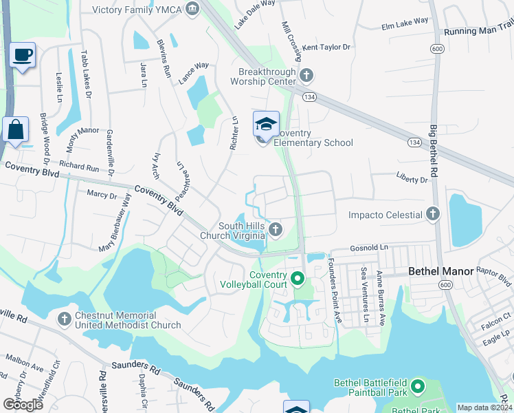 map of restaurants, bars, coffee shops, grocery stores, and more near 324 Ferguson Bend in Yorktown