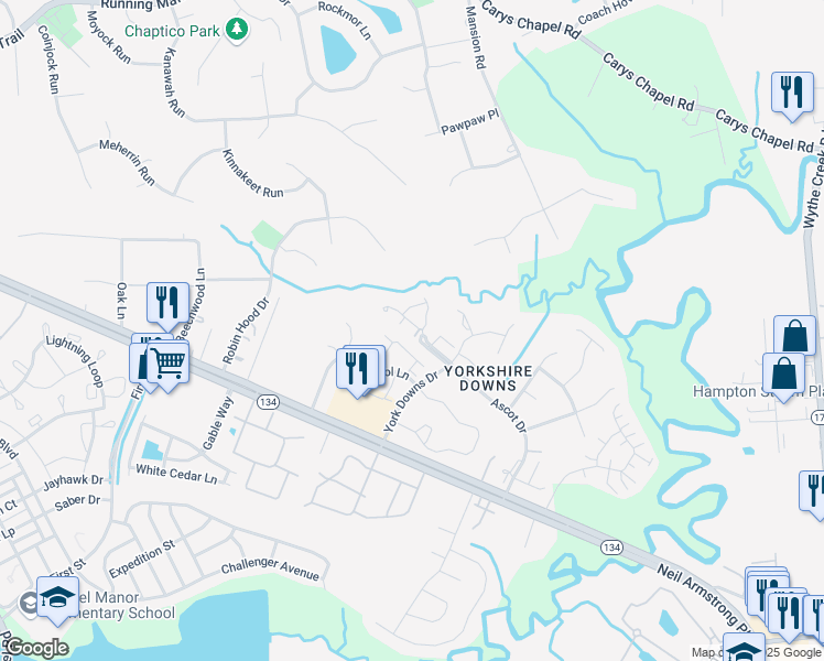 map of restaurants, bars, coffee shops, grocery stores, and more near 209 Amersham Drive in Yorktown