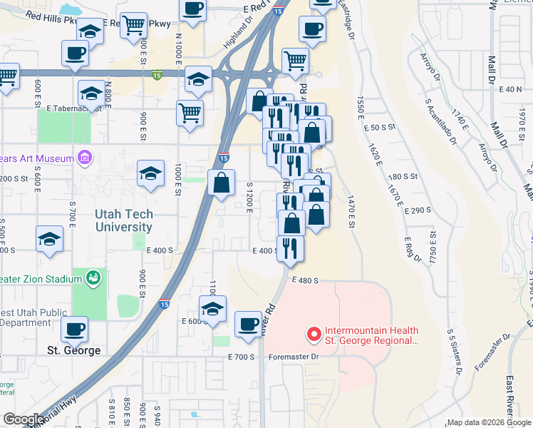map of restaurants, bars, coffee shops, grocery stores, and more near 301 South 1200 East in St. George