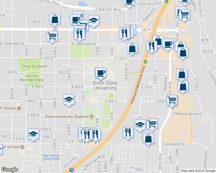 map of restaurants, bars, coffee shops, grocery stores, and more near 298 South 900 East in St. George
