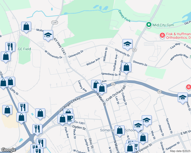 map of restaurants, bars, coffee shops, grocery stores, and more near 101-199 Speedway Drive in Somerset