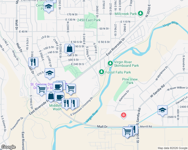 map of restaurants, bars, coffee shops, grocery stores, and more near 316 South 2450 East in St. George
