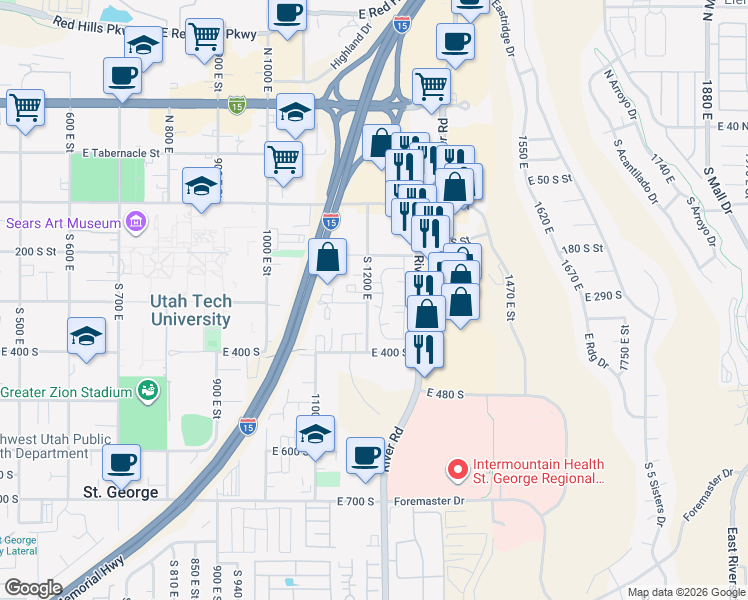map of restaurants, bars, coffee shops, grocery stores, and more near 301 South 1200 East in St. George