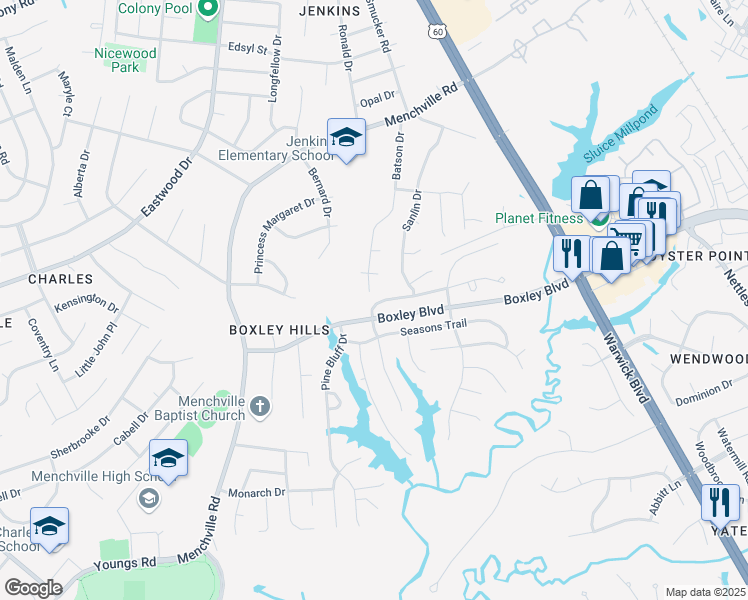 map of restaurants, bars, coffee shops, grocery stores, and more near 207 Windy Ridge Lane in Newport News