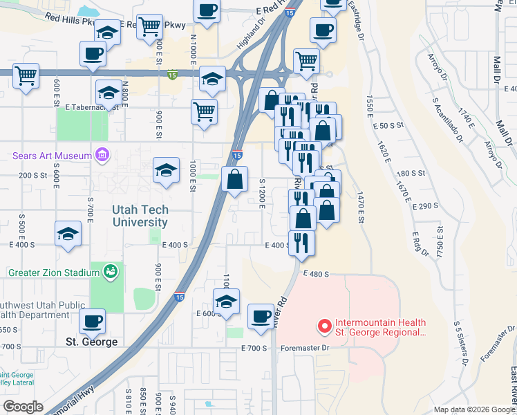 map of restaurants, bars, coffee shops, grocery stores, and more near 290 South 1200 East in St. George