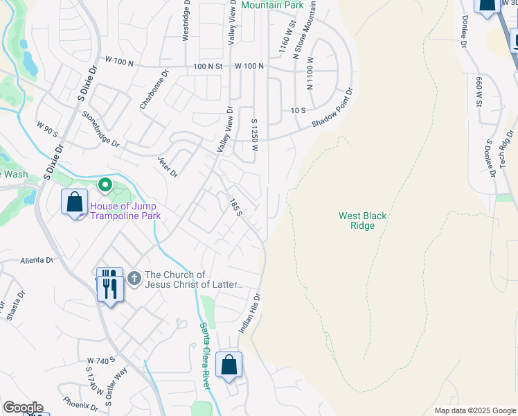map of restaurants, bars, coffee shops, grocery stores, and more near 1330 West Indian Hills Drive in St. George