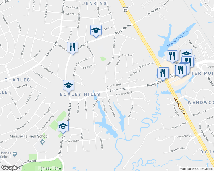 map of restaurants, bars, coffee shops, grocery stores, and more near 207 Windy Ridge Lane in Newport News