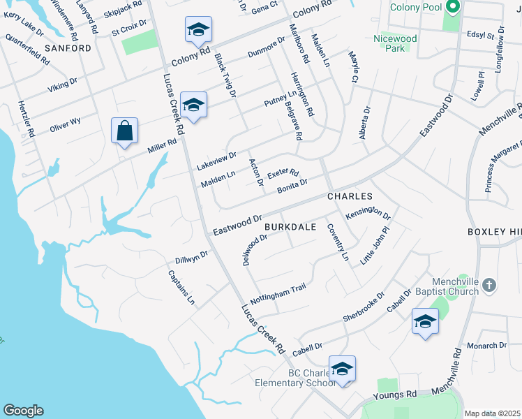 map of restaurants, bars, coffee shops, grocery stores, and more near 132 Eastwood Drive in Newport News