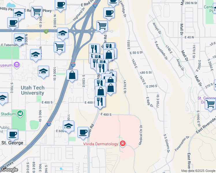 map of restaurants, bars, coffee shops, grocery stores, and more near 275 South River Road in Saint George