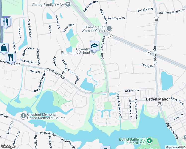 map of restaurants, bars, coffee shops, grocery stores, and more near 110 White Ridge Lane in Yorktown