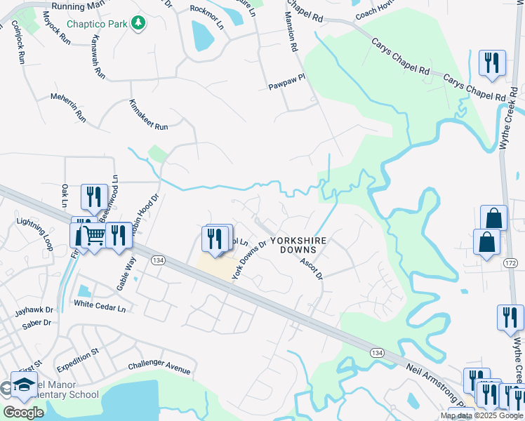 map of restaurants, bars, coffee shops, grocery stores, and more near 100 Arabian Circle in Yorktown
