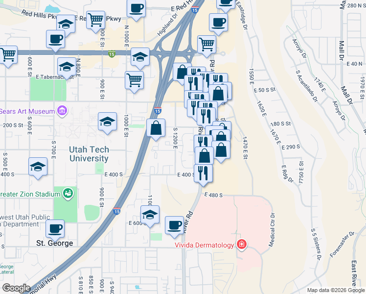 map of restaurants, bars, coffee shops, grocery stores, and more near The Mesas in St. George