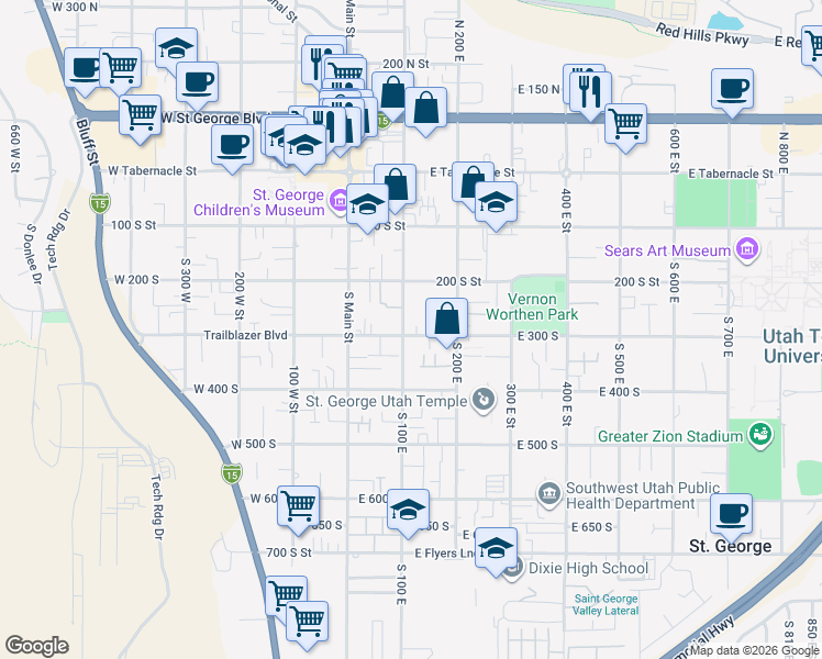 map of restaurants, bars, coffee shops, grocery stores, and more near 105 East 300 South in St. George