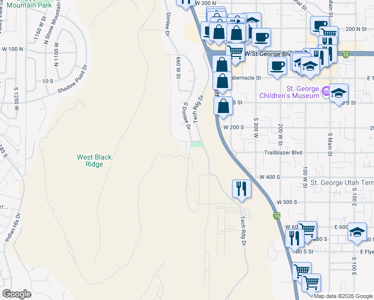map of restaurants, bars, coffee shops, grocery stores, and more near 250 South Donlee Drive in Saint George