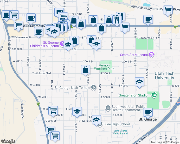map of restaurants, bars, coffee shops, grocery stores, and more near 295 South 200 East in St. George