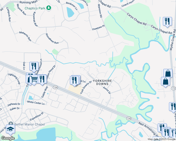 map of restaurants, bars, coffee shops, grocery stores, and more near 202 Derby Run in Yorktown