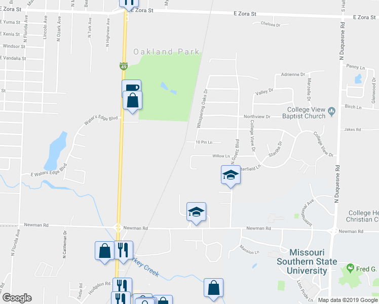 map of restaurants, bars, coffee shops, grocery stores, and more near 1230 Willow Court in Joplin