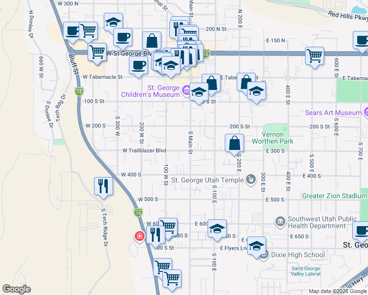 map of restaurants, bars, coffee shops, grocery stores, and more near 245 100 West Street in St. George