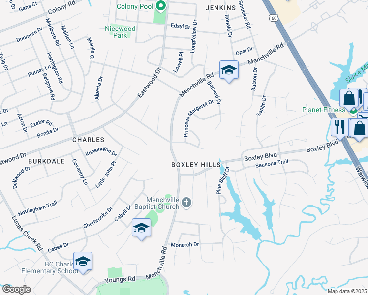 map of restaurants, bars, coffee shops, grocery stores, and more near 164 Princess Margaret Drive in Newport News