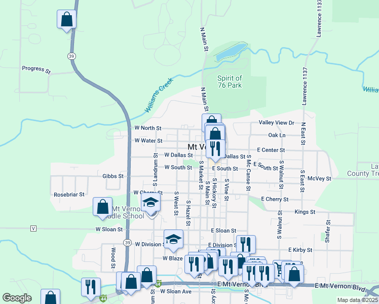 map of restaurants, bars, coffee shops, grocery stores, and more near 200-298 W Water St in Mt Vernon
