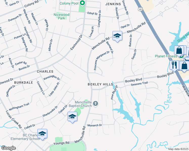 map of restaurants, bars, coffee shops, grocery stores, and more near 164 Princess Margaret Drive in Newport News