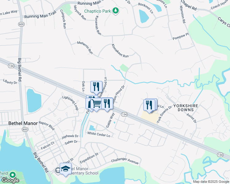 map of restaurants, bars, coffee shops, grocery stores, and more near 116 Dogwood Drive in Yorktown