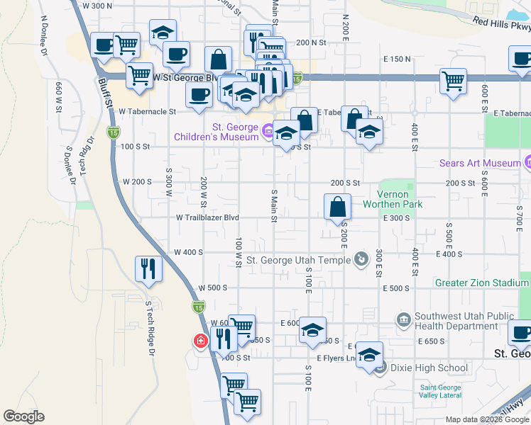 map of restaurants, bars, coffee shops, grocery stores, and more near 245 100 West Street in St. George