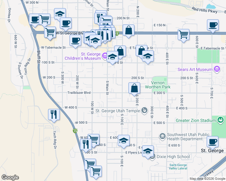 map of restaurants, bars, coffee shops, grocery stores, and more near 245 South Main Street in St. George