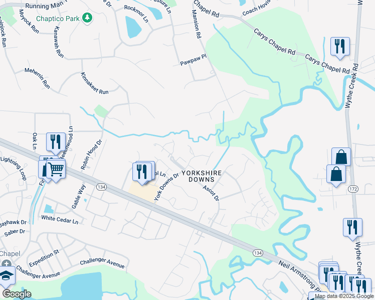 map of restaurants, bars, coffee shops, grocery stores, and more near 205 Appaloosa Drive in Yorktown