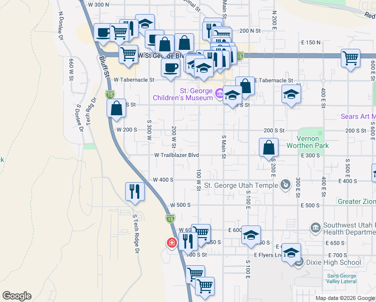 map of restaurants, bars, coffee shops, grocery stores, and more near 144 West 300 South Street in St. George