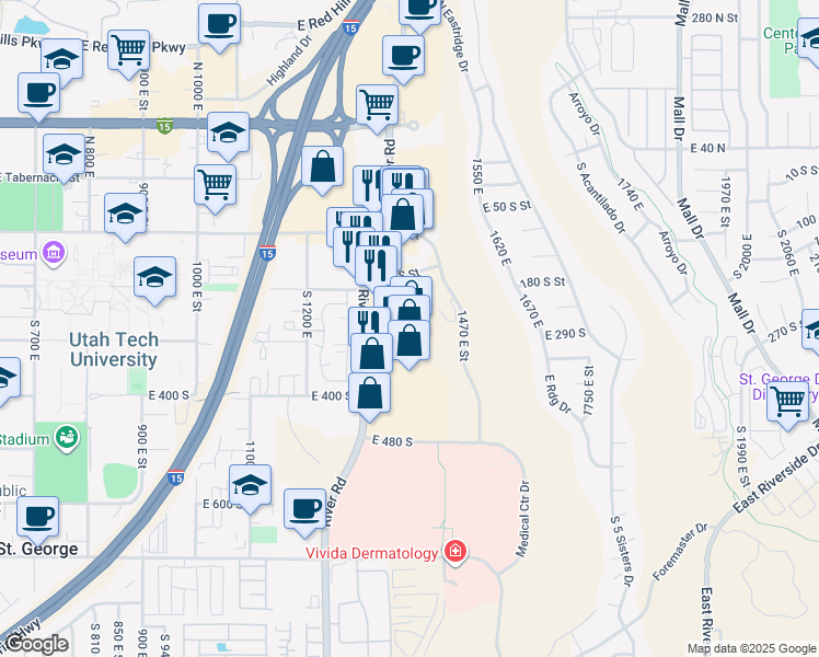 map of restaurants, bars, coffee shops, grocery stores, and more near 275 South River Road in Saint George