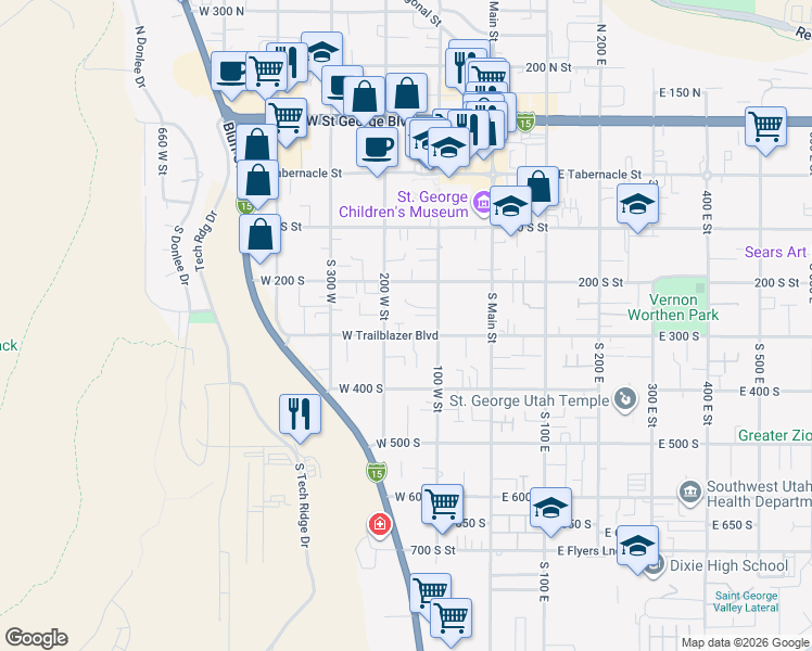 map of restaurants, bars, coffee shops, grocery stores, and more near 176 West 300 South Street in Saint George