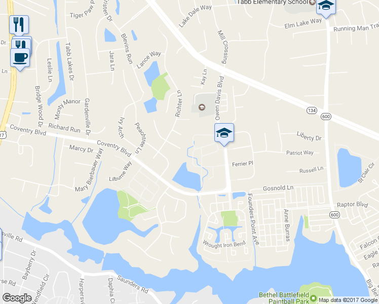 map of restaurants, bars, coffee shops, grocery stores, and more near 329 Ferguson Bend in Yorktown