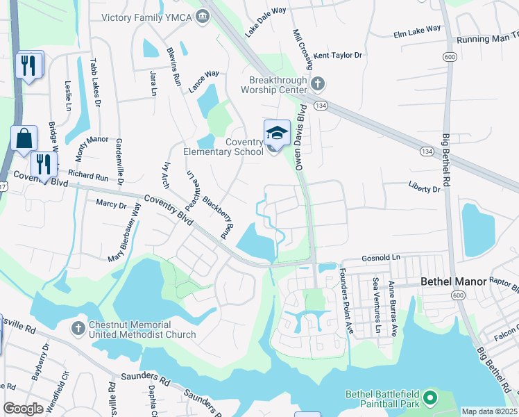 map of restaurants, bars, coffee shops, grocery stores, and more near 329 Ferguson Bend in Yorktown
